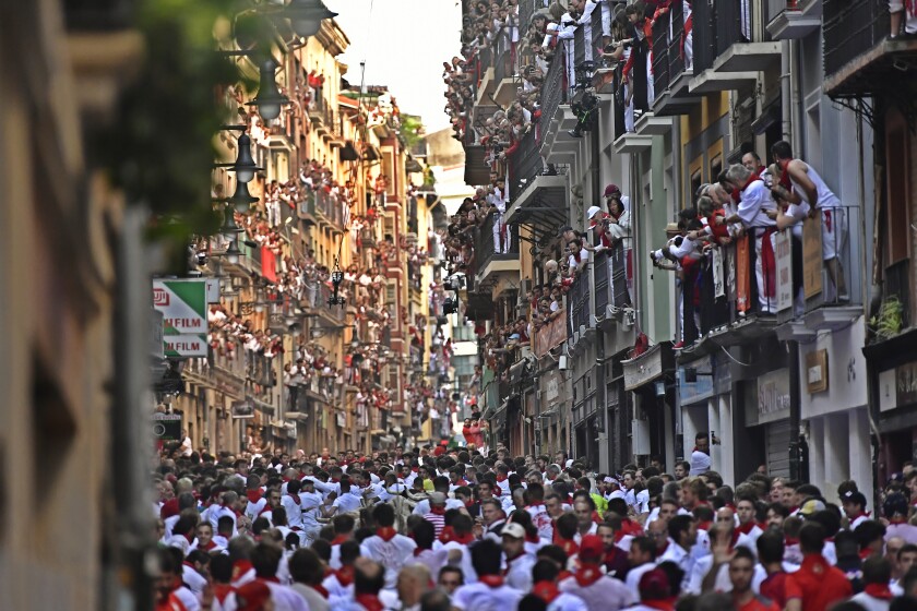 Crowd in the streets of Pamplona for the running of the bulls