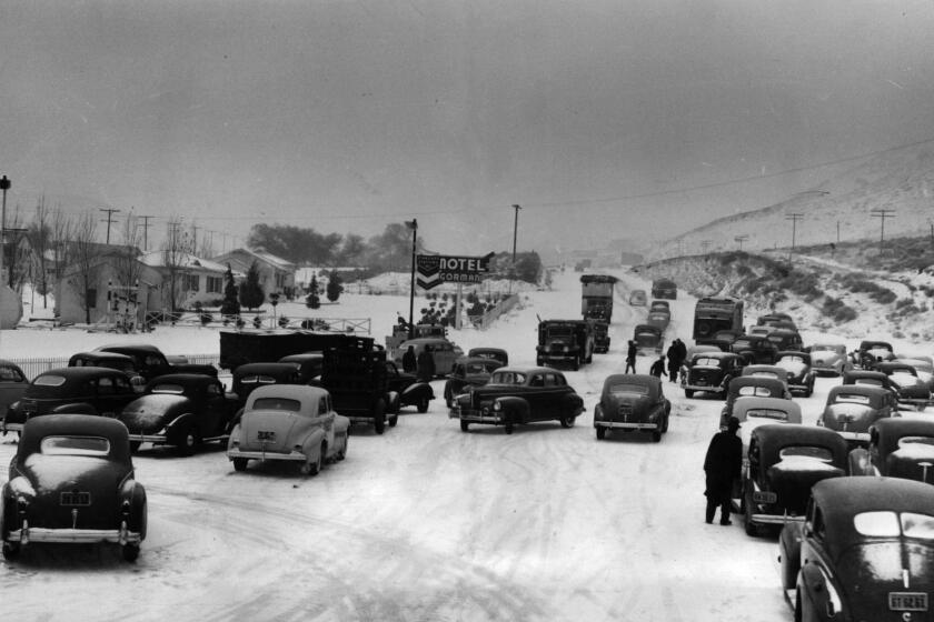 Hundreds of vehicles were halted by a snowstorm on the Ridge Route on Dec. 16, 1940. The Ridge Route was an early route connecting the San Joaquin Valley to the Los Angeles Basin before Interstate 5 was built over the Tehachapi Mountains.