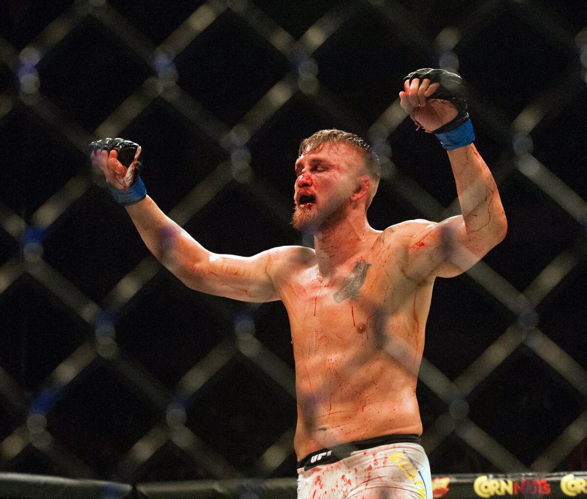 Alexander Gustafsson raises his arms after going the distance in a title fight against Daniel Cormier at UFC 192.