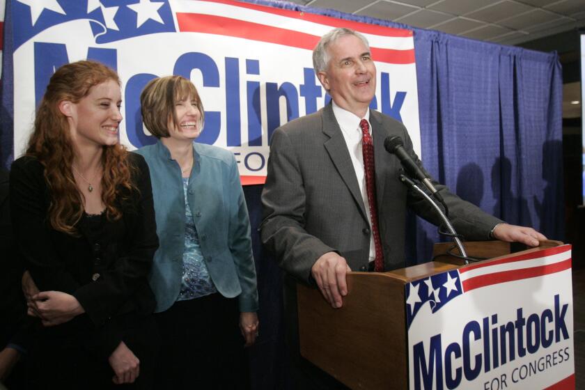 State Sen. Tom McClintock, the Republican candIdate for the 4th Congressional District,, accompanied by his daughter, Shannah, 18, left, and wife, Lori, middle, thanks supporters for their help at his election night party in Roseville, Calif., Tuesday, Nov. 4, 2008. McClintock is in a tight race against Democrat Charlie Brown.(AP Photo/Rich Pedroncelli)