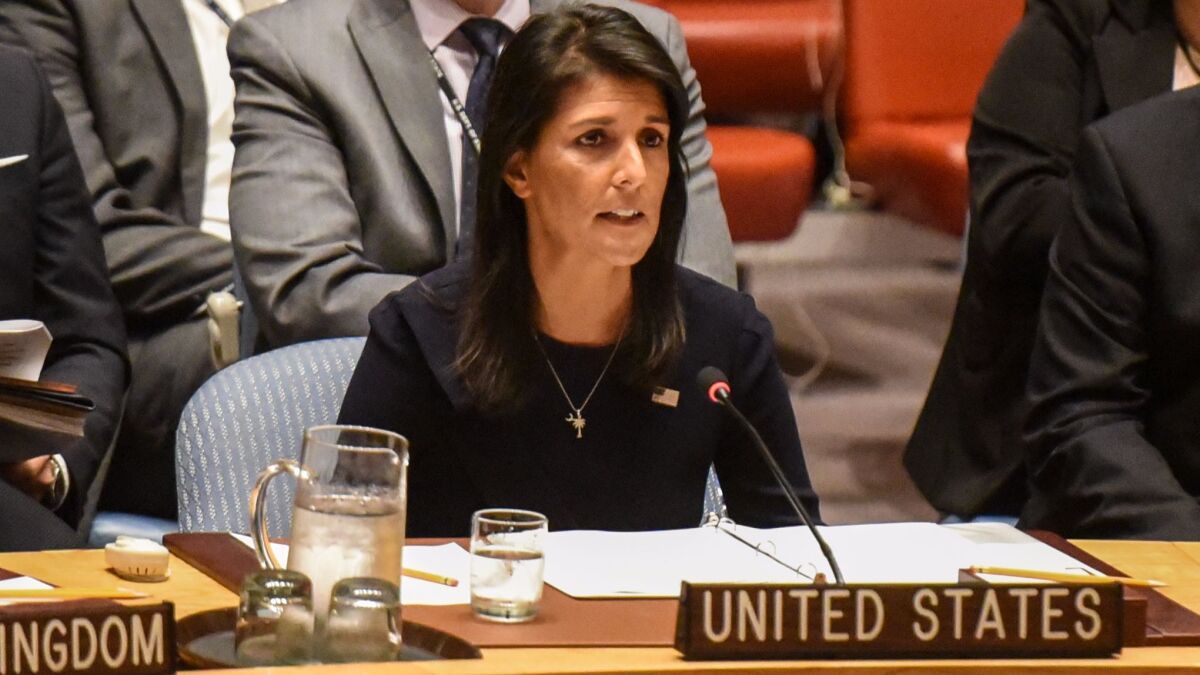U.S. Ambassador to the U.N. Nikki Haley delivers remarks during a United Nations Security Council meeting on North Korea on Monday at the United Nations in New York.