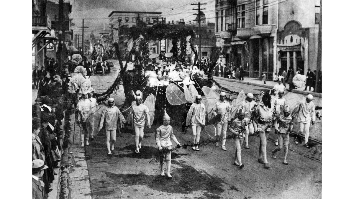 Jan. 1, 1910: Pasadena High School's float, titled "A Midsummer Night's Dream," takes part in the 1910 Rose Parade. This photo was the lead image in the Los Angeles Times' Jan. 2, 1910, coverage of the Tournament of Roses.