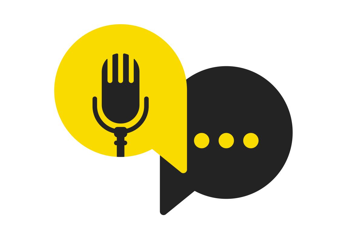 Illustration of a microphone inside a yellow quote bubble and ellipsis inside black quote bubble