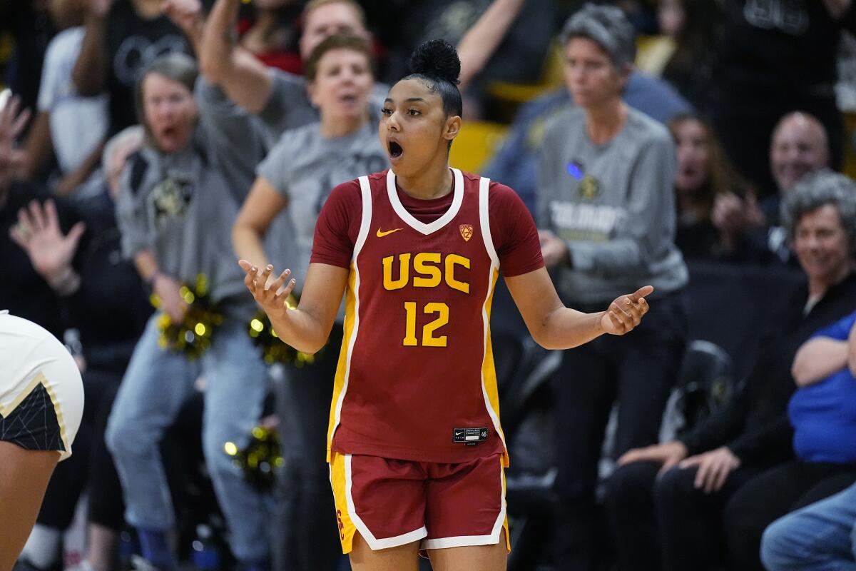 USC guard JuJu Watkins reacts after fouling out in the fourth quarter against Colorado.