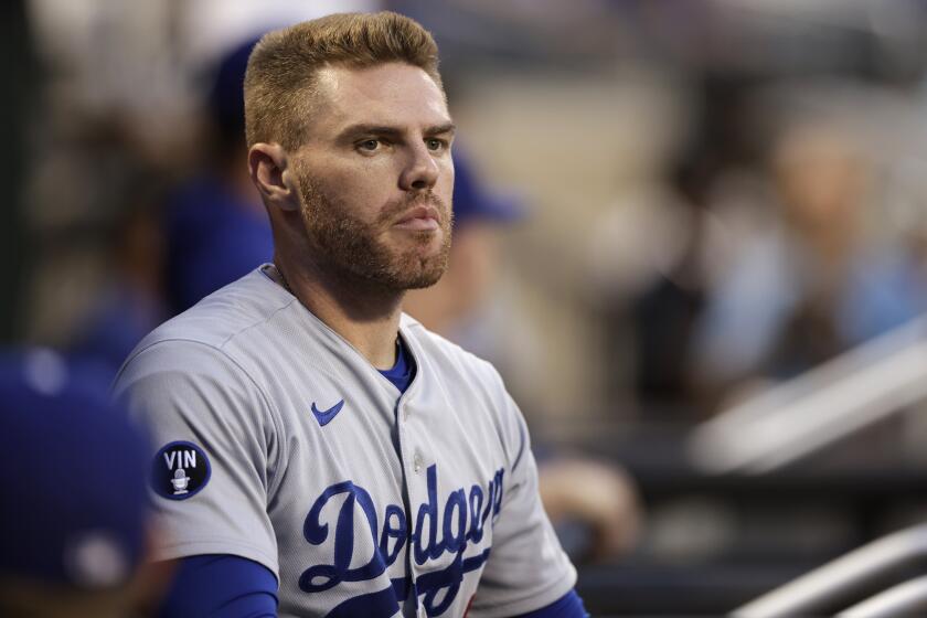 Los Angeles Dodgers first baseman Freddie Freeman (5) looks on before the first inning of a baseball game 