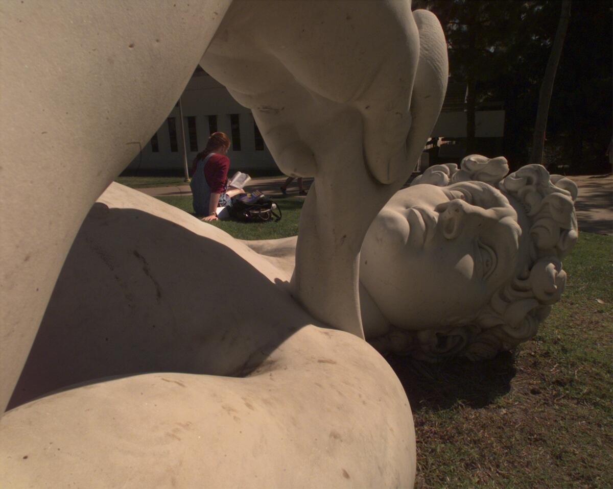 A replica of Michelangelo's David, which fell during the Oct. 1987 Whittier Narrows earthquake, was later donated in pieces to Cal State Fullerton by Forest Lawn Memorial Parks.