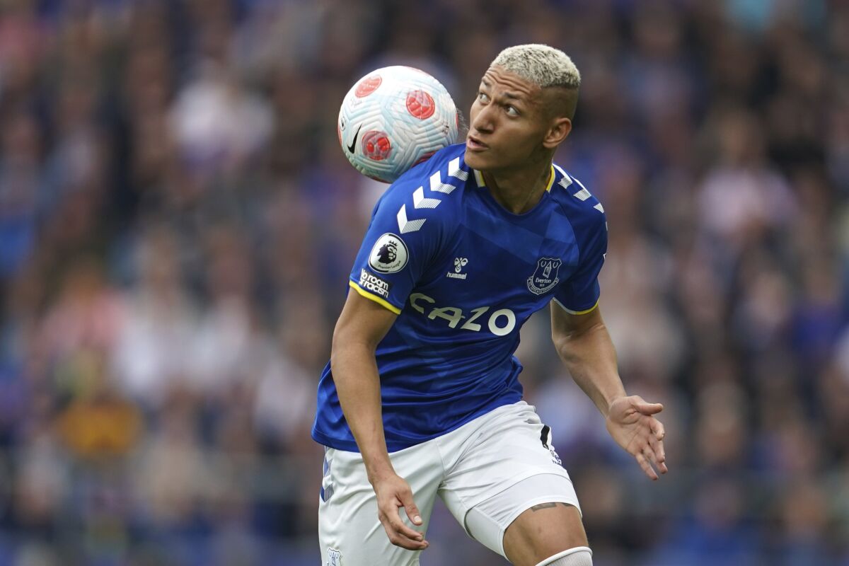 Everton's Richarlison in action during the Premier League soccer match between Everton and Brentford at Goodison Park in Liverpool, England, Sunday, May 15, 2022. (AP Photo/Jon Super)