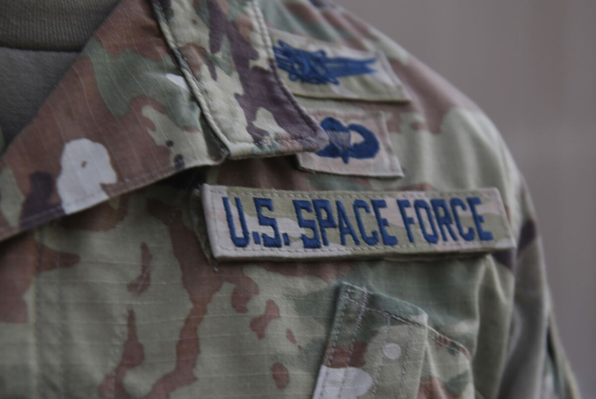 A Space Force service tag on a uniform