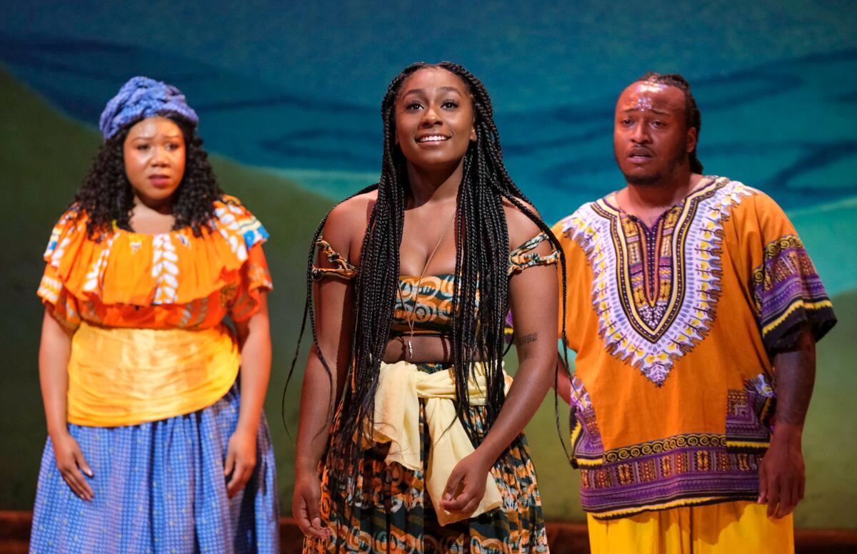 Patricia Jewel, Brooke Henderson and Leo Ebanks in Moonlight Stage Productions' "Once on This Island" 