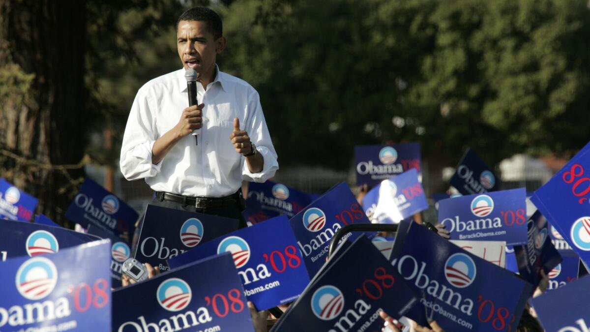 Sen. Barack Obama made his first visit to Los Angeles on Feb. 20, 2007, as a presidential candidate, speaking to supporters at Rancho Cienega Recreation Center.