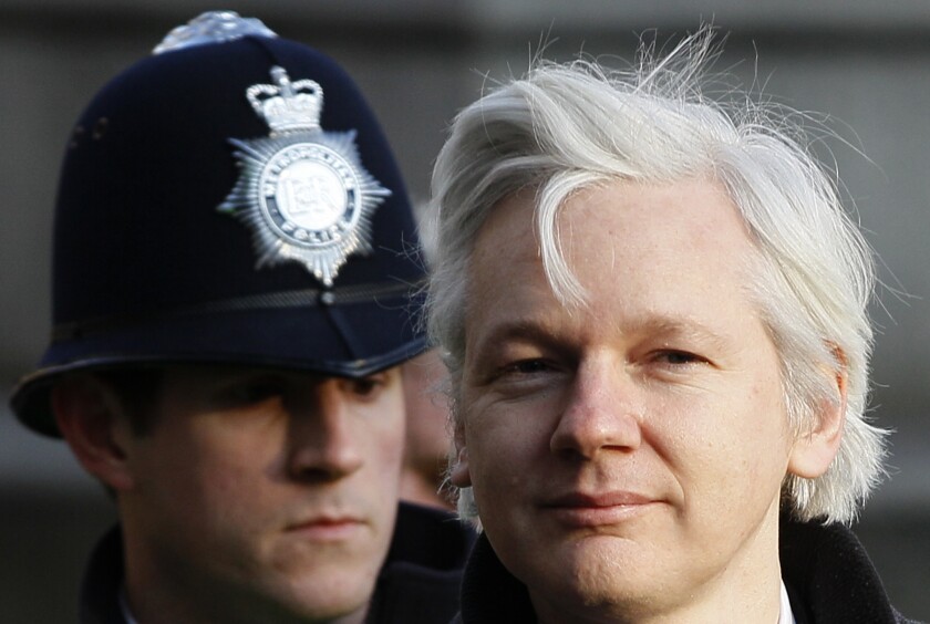 FILE - Julian Assange, the 40-year-old WikiLeaks founder, arrives at the Supreme Court in London, Wednesday, Feb. 1, 2012. Assange's legal team is making a final effort at Britain's Supreme Court to avoid his extradition to Sweden. Assange is wanted by Swedish authorities over sex crimes allegations stemming from a visit to the country in 2010. He denies any wrongdoing.(AP Photo/Kirsty Wigglesworth, File)