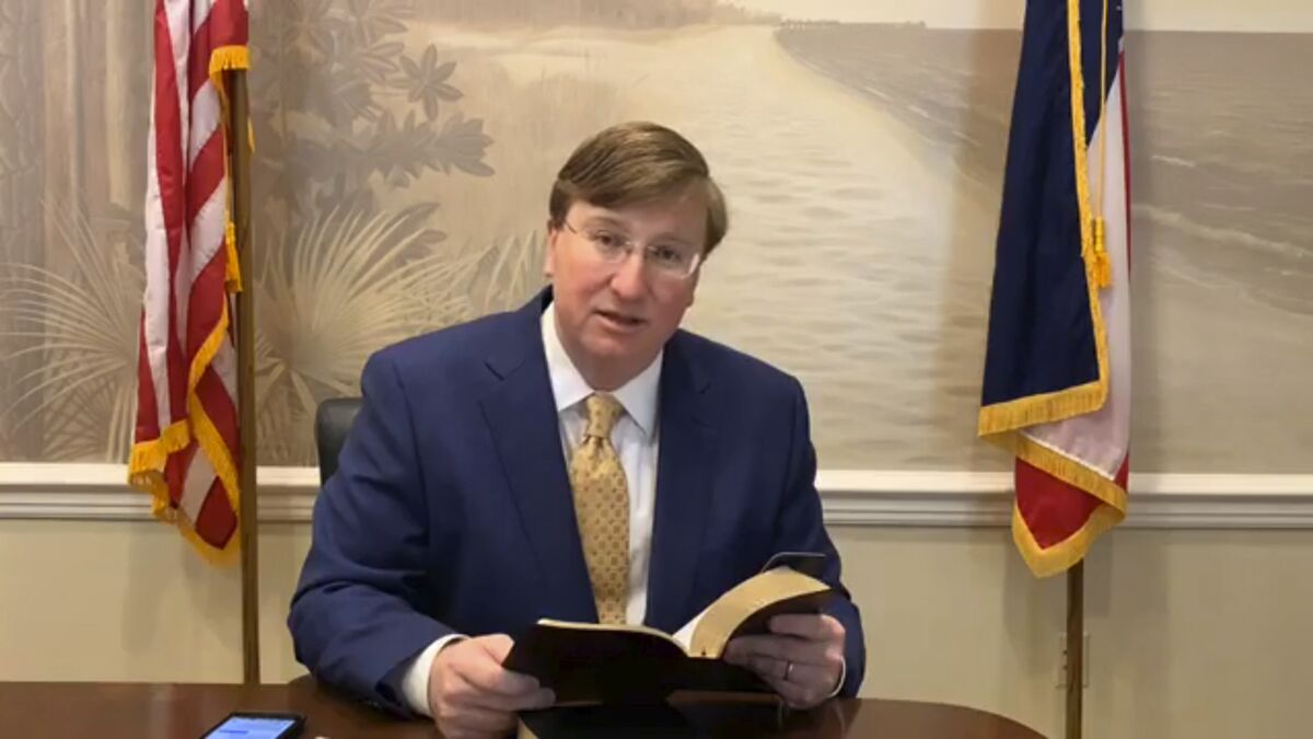 Mississippi Gov. Tate Reeves leads a prayer service about the coronavirus on Facebook live.