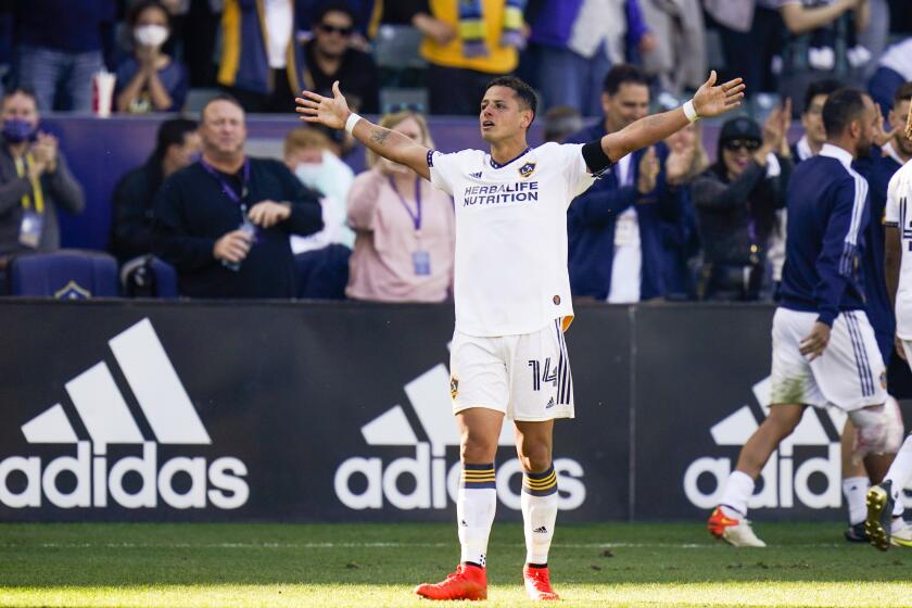 Los Angeles Galaxy's Javier Hernandez celebrates his goal during the second half of an MLS soccer match.