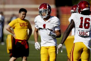 LOS ANGELES, CA - MARCH 28: USC defensive back Domani Jackson (1) at spring football practice at Howard Jones/Brian Kennedy Fields on the Campus of The University of Southern California on Tuesday, March 28, 2023 in Los Angeles, CA. (Gary Coronado / Los Angeles Times)