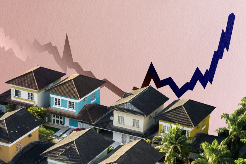 Photo illustration of a steeply rising mortgage line chart above cutout houses.