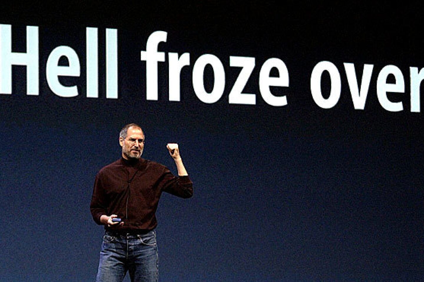 Broadening the reach of the iTunes music store, Jobs announces a Microsoft Windows-compatible version of the popular Internet song-downloading service, which was previously available only on Macintosh operating systems. Compatibility with Windows "is a feature a lot of people thought we'd never have until ... hell froze over," Jobs said.