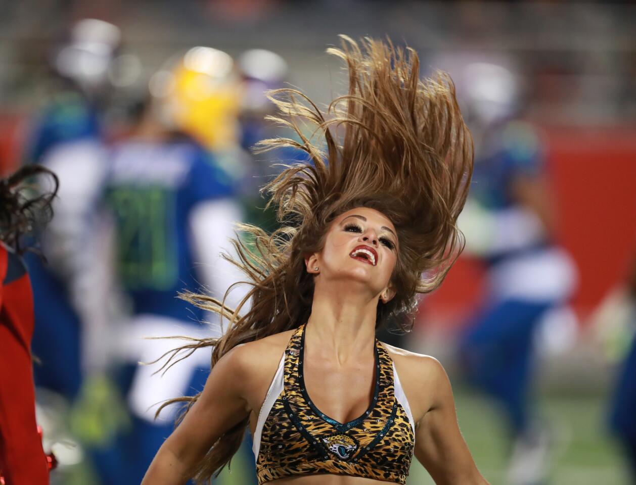 A cheerleader performs during the NFL Pro Bowl football game Sunday, Jan. 29, 2017, in Orlando, Fla. (Jeff Haynes/AP Images for Panini)