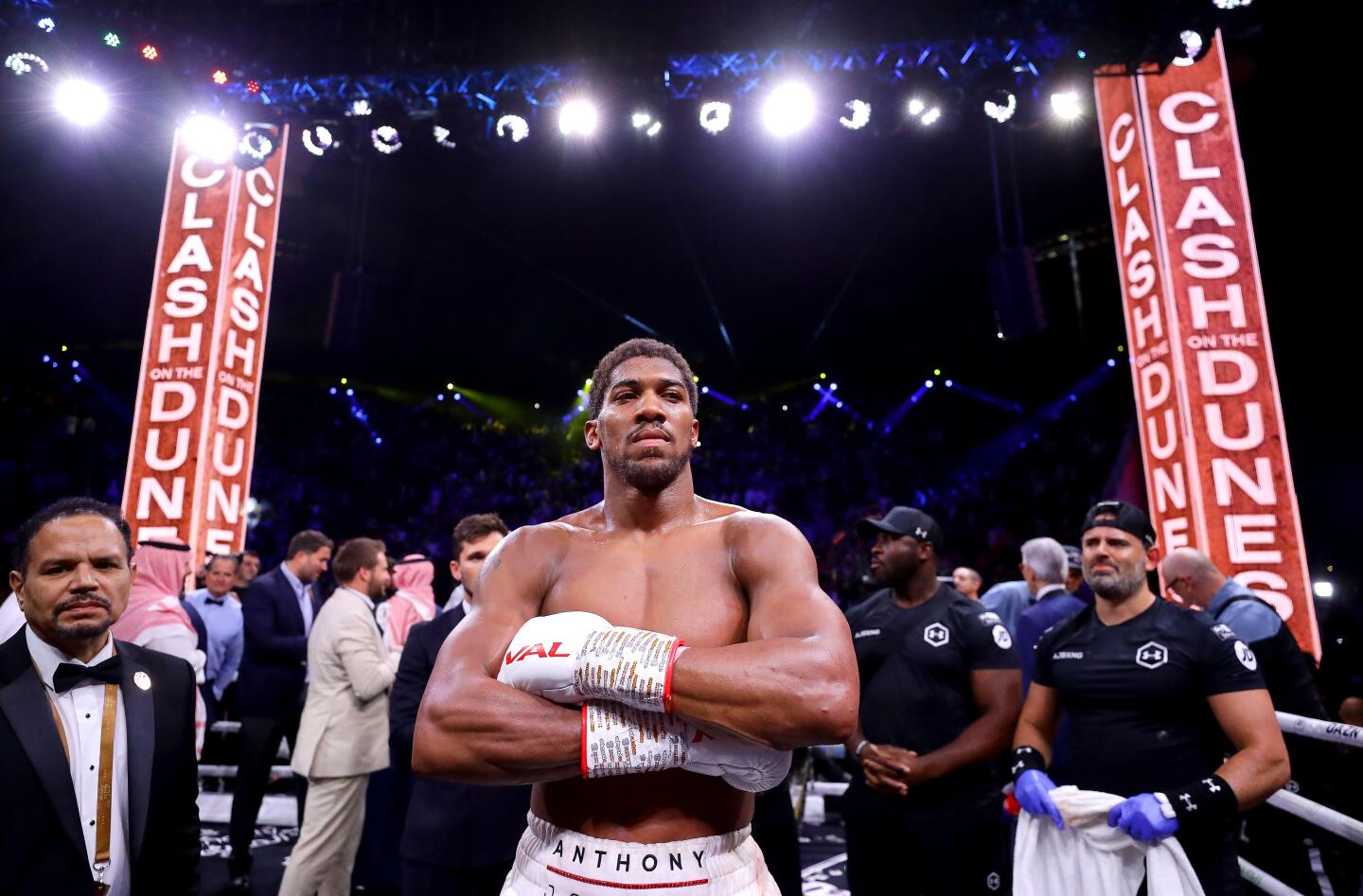 DIRIYAH, SAUDI ARABIA - DECEMBER 07: Anthony Joshua celebrates victory over Andy Ruiz Jr during the IBF, WBA, WBO & IBO World Heavyweight Title Fight between Andy Ruiz Jr and Anthony Joshua during the Matchroom Boxing 'Clash on the Dunes' show at the Diriyah Season on December 07, 2019 in Diriyah, Saudi Arabia (Photo by Richard Heathcote/Getty Images)