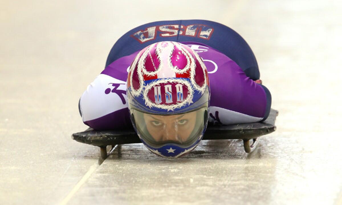 American Noelle Pikus-Pace takes part in a skeleton practice session at the Sochi Winter Olympic Games on Monday. Pikus-Pace has taken a different approach to preparing for Thursday's event.