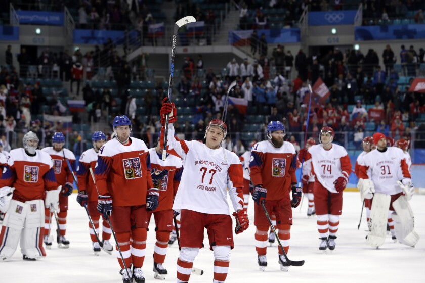 FILE - Russian athlete Kirill Kaprizov (77) celebrates after the semifinal round of the men's hockey game against the Czech Republic at the 2018 Winter Olympics in Gangneung, South Korea, in this Friday, Feb. 23, 2018, file photo. Olympic Athletes from Russia won 3-0. The Minnesota Wild, who have not won a playoff series in six years, seek to capitalize on the spark created by Russian rookie Kirill Kaprizov and lean on stalwarts like Zach Parise, Ryan Suter and Jared Spurgeon to make strides in this abbreviated season. (AP Photo/Matt Slocum, File)