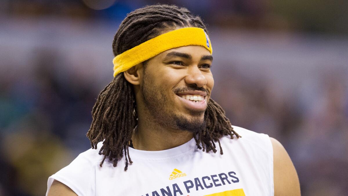 Indiana Pacers forward Chris Copeland smiles while warming up before a game against the Boston Celtics in Indianapolis on March 14.