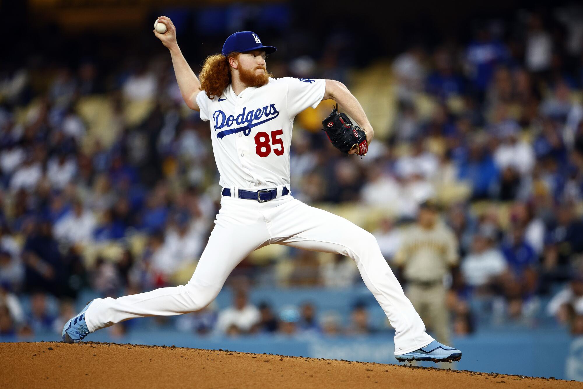 Dodgers starting pitcher Dustin May delivers in the first inning against the San Diego Padres.