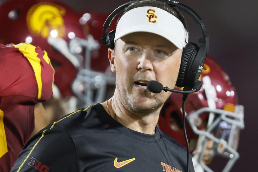 Los Angeles, CA - September 07: USC head coach Lincoln Riley coached during a game against Utah State in the USC home opener at the LA Memorial Coliseum in Los Angeles Saturday, Sept. 7, 2024. USC won 48-0. (Allen J. Schaben / Los Angeles Times)