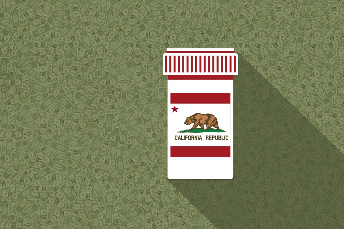An illustration of a generic pill bottle with an image of the California state flag