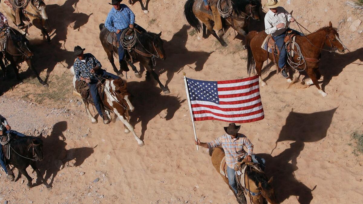 The Bundy family and their supporters fly the American flag as their cattle are released by the Bureau of Land Management back onto public land outside Bunkerville, Nev., on April 12, 2014.