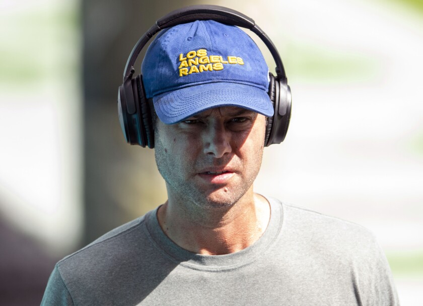 Rams defensive coordinator Brandon Staley watches warmups before a game against the Miami Dolphins on Nov. 1.