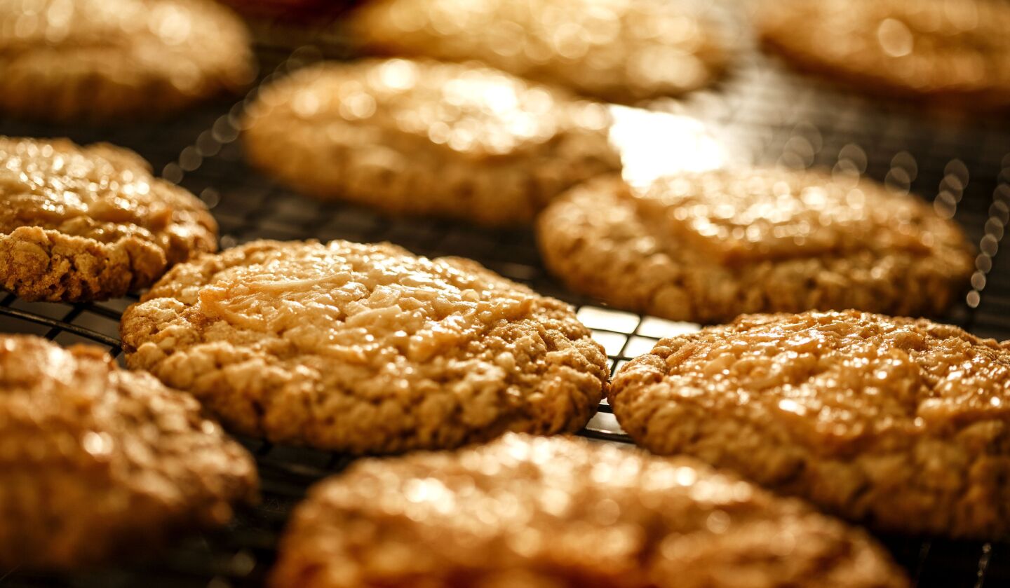 Oatmeal cookies from Sycamore Kitchen, topped with coconut toffee. Get the recipe.