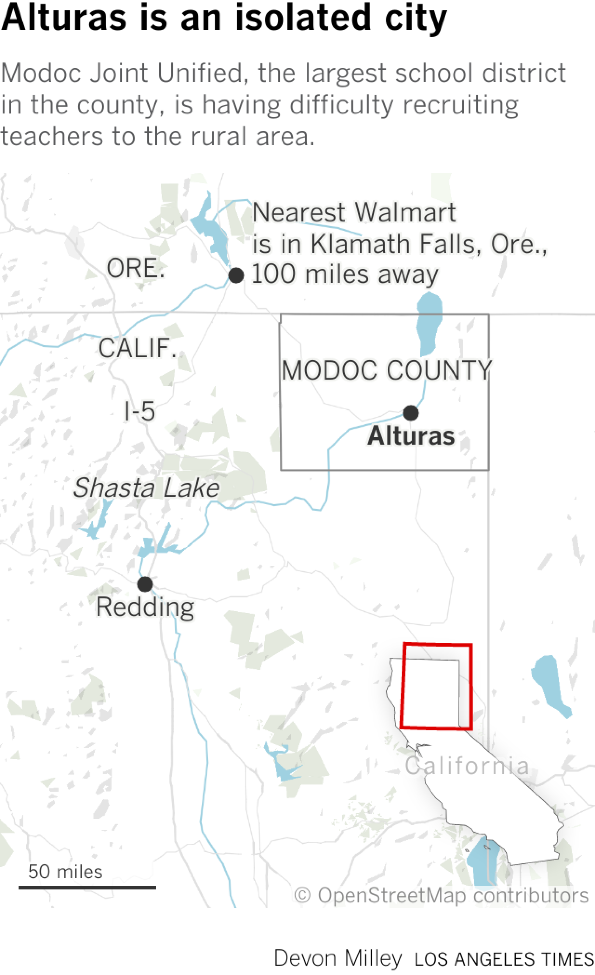 A map showing the location of Alturas and Modoc County in the northeast corner of California.