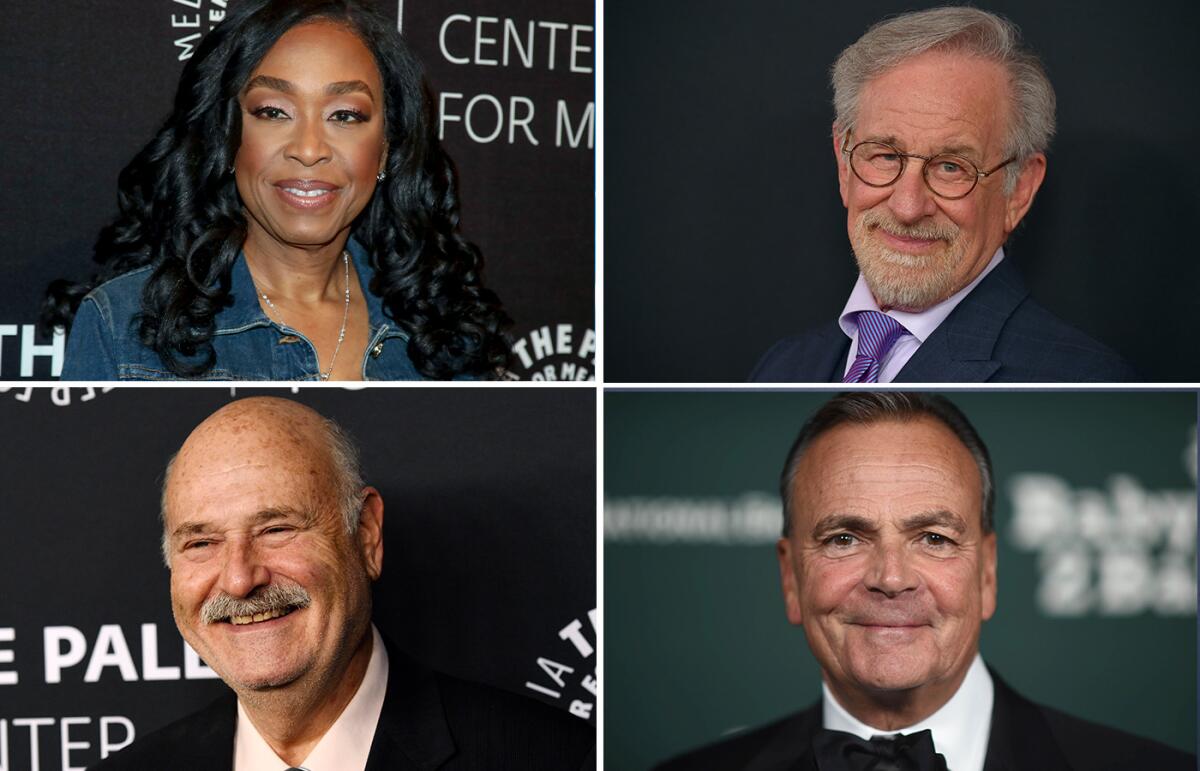 TOP LEFT: Executive Producer Shonda Rhimes attends the PaleyLive screening of "Queen Charlotte: A Bridgerton Story" at The Paley Museum on Thursday, May 4, 2023, in New York. (Photo by Andy Kropa/Invision/AP) TOP RIGHT: Steven Spielberg arrives at the premiere of "Indiana Jones and the Dial of Destiny," Wednesday, June 14, 2023, at El Capitan Theatre in Los Angeles. (Photo by Jordan Strauss/Invision/AP) BOTTOM LEFT: Rob Reiner poses at "The Paley Honors: A Special Tribute to Television's Comedy Legends" at the Beverly Wilshire Hotel, Thursday, Nov. 21, 2019, in Beverly Hills, Calif. (Photo by Chris Pizzello/Invision/AP) BOTTOM RIGHT: Rick Caruso arrives at the Baby2Baby Gala on Saturday, Nov. 11, 2023, at the Pacific Design Center in West Hollywood, Calif. (Photo by Richard Shotwell/Invision/AP)