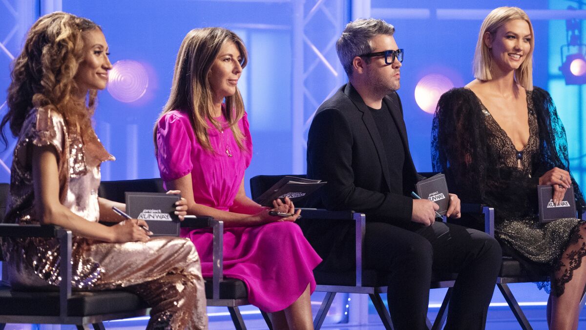 Elaine Welteroth, left, Nina Garcia, Brandon Maxwell and host Karlie Kloss in the season premiere of "Project Runway" on Bravo.
