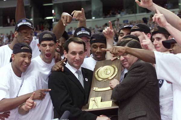 Head coach Mike Krzyzewski of the Duke Blue Devils celebrates the team's 2001 NCAA title. Duke last wore the crown in 2010. The Blue Devils also took home back-to-back titles in 1991 and 1992.