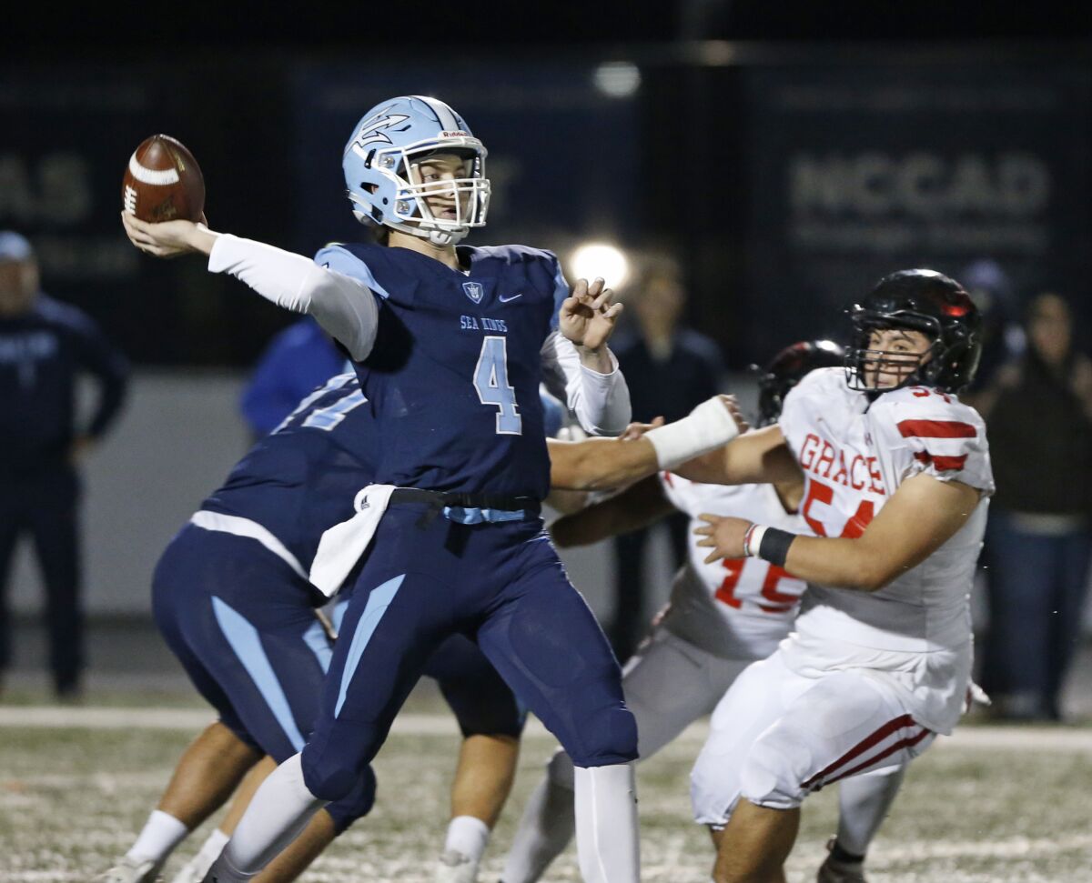 Corona del Mar's Ethan Garbers throws a long pass against Grace Brethren in the CIF Southern Section Division 3 title game on Friday at Newport Harbor High.