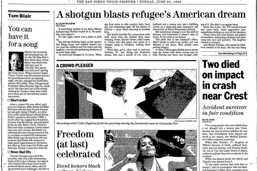 Front page of the Local section of the San Diego Union-Tribune, Sunday, June 20, 1993.