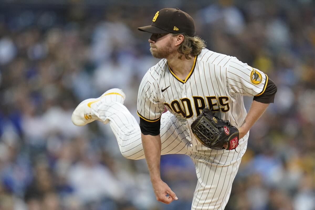 Padres pitcher Pierce Johnson works against Dodgers.