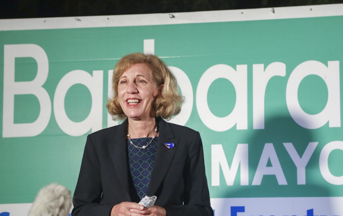 Barbara Bry speaks to supporters of her San Diego mayoral campaign on Election Night, Nov. 3.