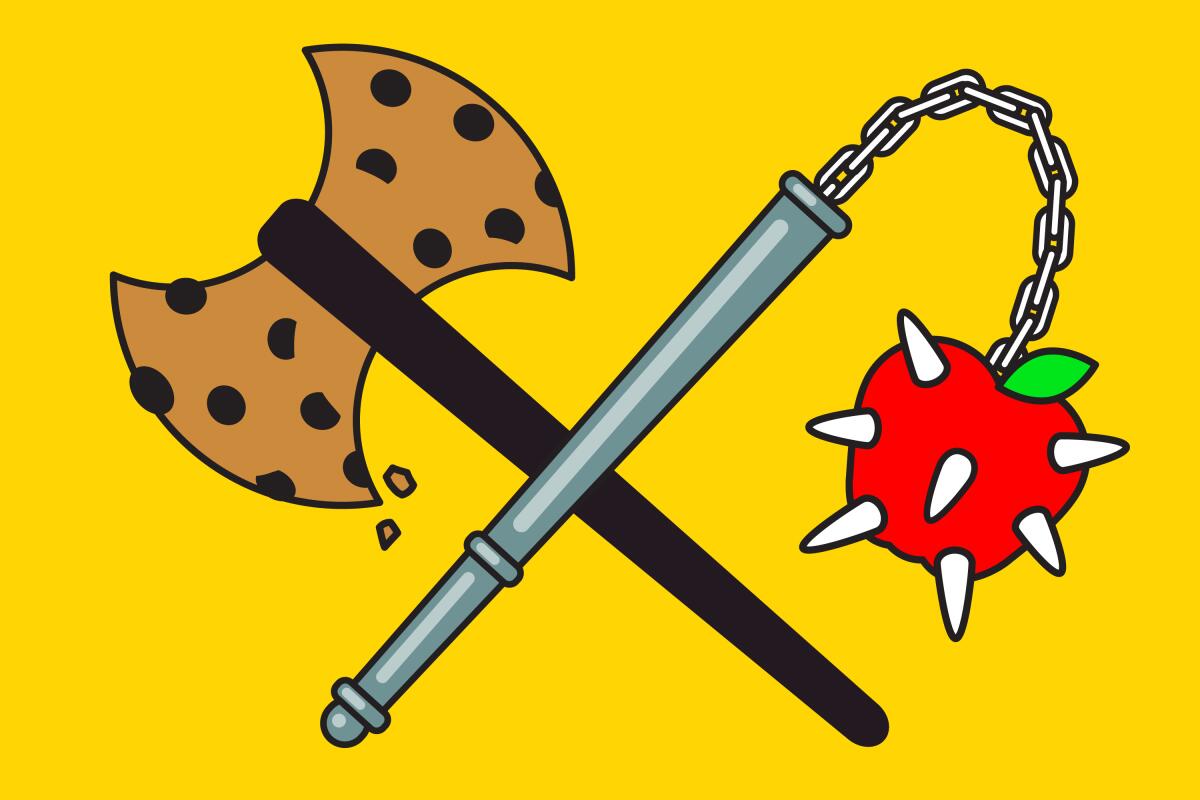 Illustration of an ax with a blade formed by a chocolate chip cookie and a mace with an apple as its spiked ball.