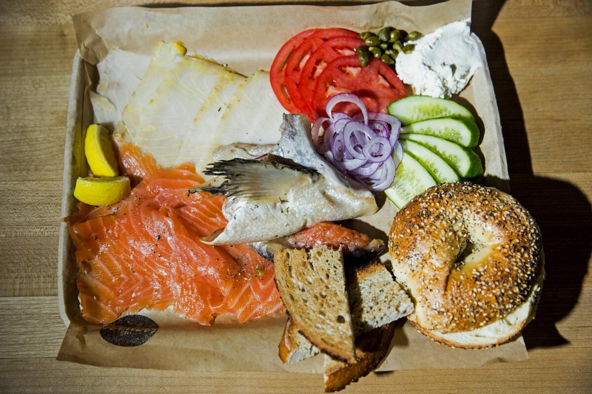 The smoked fish plate, with lox, sturgeon salmon collar, everything bagel and toasted rye bread, for $22, at Wexler's Deli inside Grand Central Market, in downtown L.A..