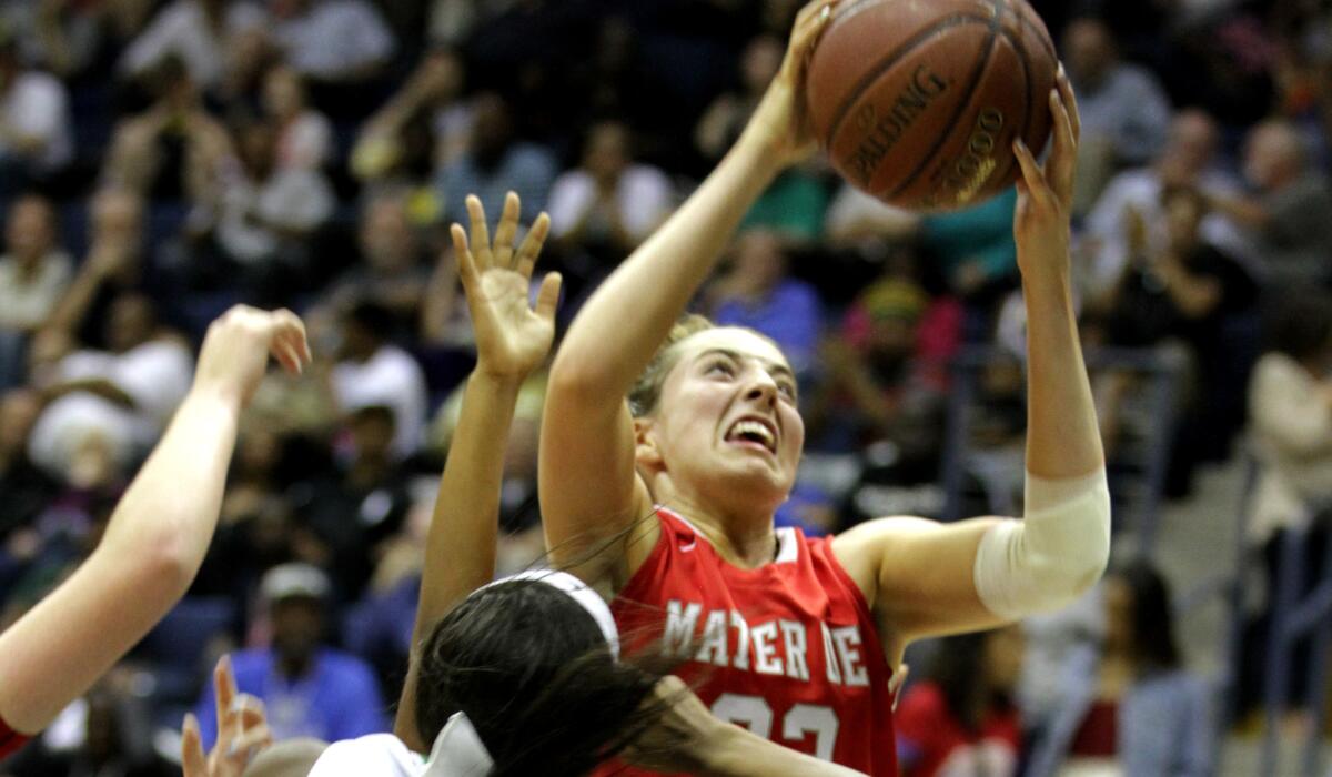Mater Dei's Katie Lou Samuelson grabs a rebound in front of St. Mary's guard Mi'Cole Cayton in the CIF Open Division state final.