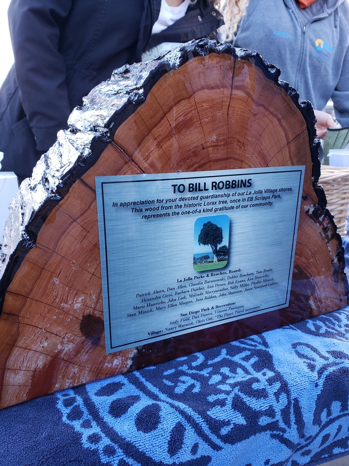 An award for Bill Robbins was made from a slice of the "Lorax Tree" that fell in Scripps Park last year.