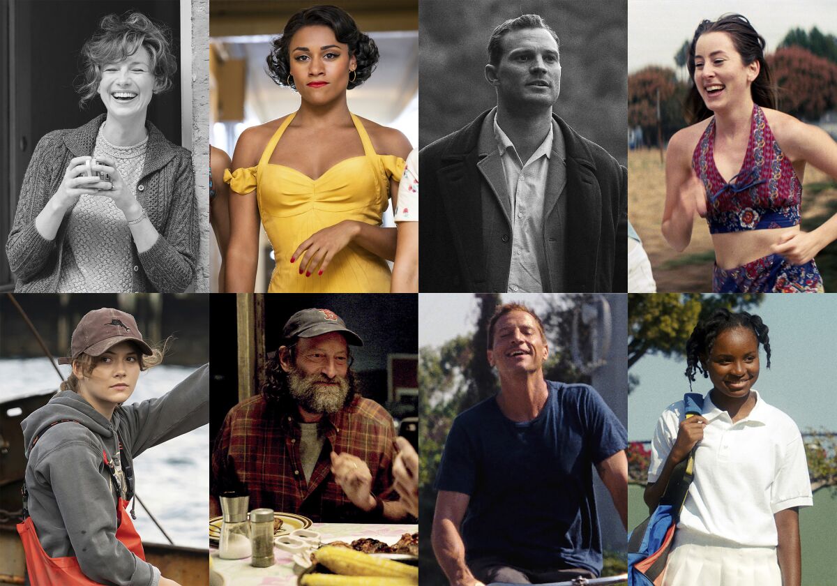 This combination of photos shows honorees for the Virtuosos Award by the the 37th Santa Barbara International Film Festival, top row from left, Caitriona Balfe in "Belfast," Ariana Debose in "West Side Story," Jamie Dornan in "Belfast," Alana Haim in "Licorice Pizza," bottom row from left, Emilia Jones in "CODA", Troy Kotsur in "CODA," Simon Rex in "Red Rocket," and Saniyya Sidney in "King Richard." (Focus Features/20th Century Studios/Focus Features/MGM/Apple TV+, Apple TV+, A24/Warner Bros. via AP)