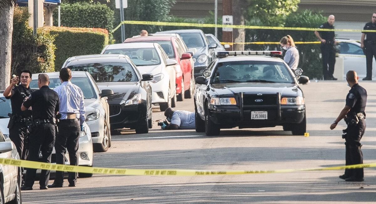 Glendale police investigate the scene of a homicide where man was shot on a Glendale lawn on the 1600 block of The Midway St. in Glendale early Saturday morning, June 25, 2016.