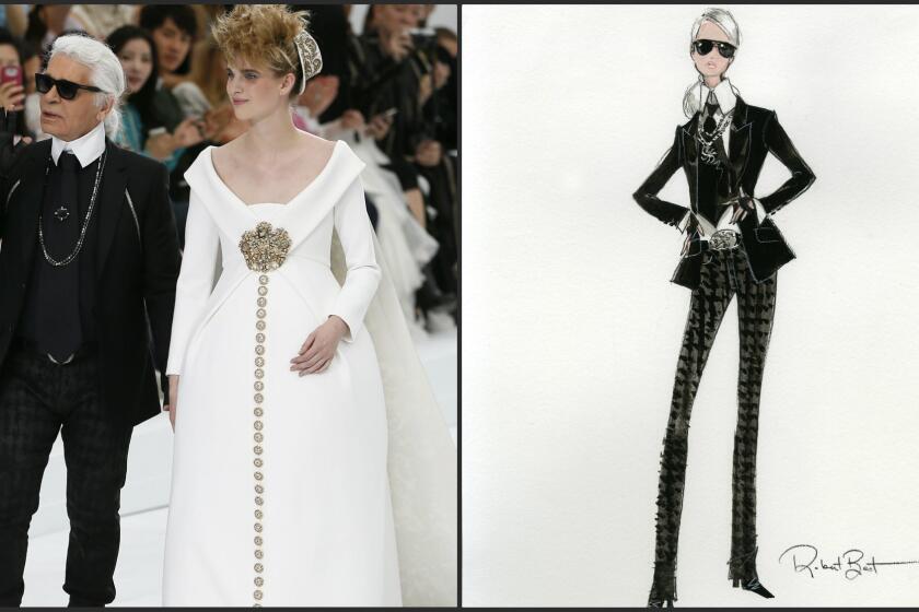 Designer Karl Lagerfeld, left at his recent Chanel Haute Couture show in Paris, inspired the planned Barbie Karl Lagerfeld doll, sketched at right.