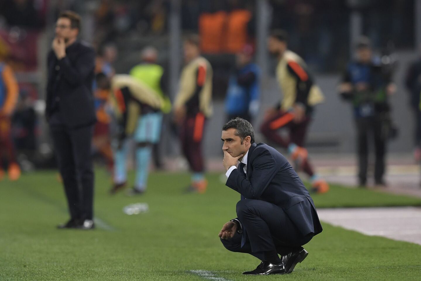 FC Barcelona's Spanish head coach Ernesto Valverde looks on during the UEFA Champions League quarter-final second leg football match between AS Roma and FC Barcelona at the Olympic Stadium in Rome on April 10, 2018.