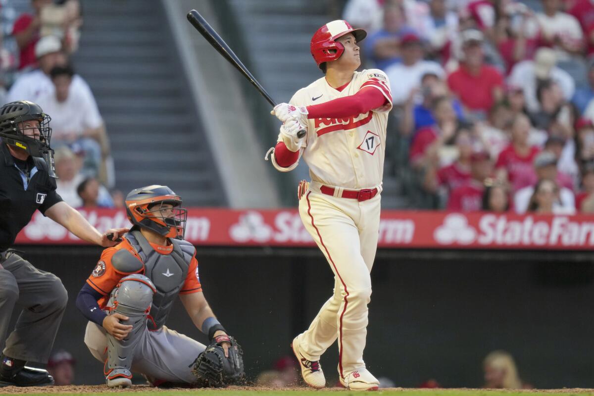 Angels star Shohei Ohtani hits a solo home run in the ninth inning of a 9-8 loss to the Houston Astros.