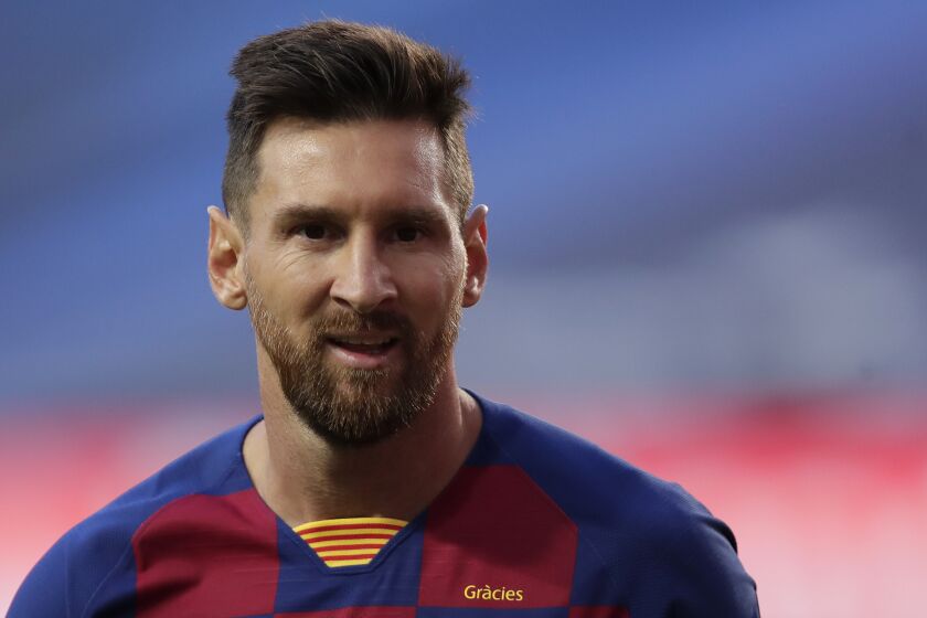 Barcelona's Lionel Messi during the Champions League quarterfinal match between FC Barcelona and Bayern Munich at the Luz stadium in Lisbon, Portugal, Friday, Aug. 14, 2020. (AP Photo/Manu Fernandez/Pool)
