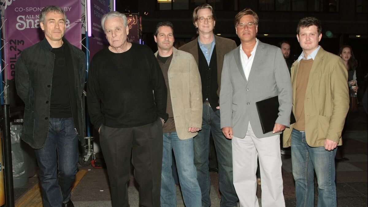 From left to right, director Tony Gilroy, screenwriter William Goldman, Scott Frank, screenwriter/director David Koepp, producer/writer Aaron Sorkin and writer Beau Willimon attend a screening of "Butch Cassidy" during the 2009 Tribeca Film Festival.